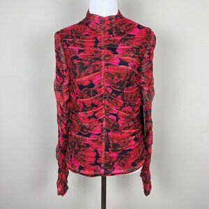 Bagatelle Blouse Top Womens M Floral Ruched Red Rose Mesh High Neck LS Lined New